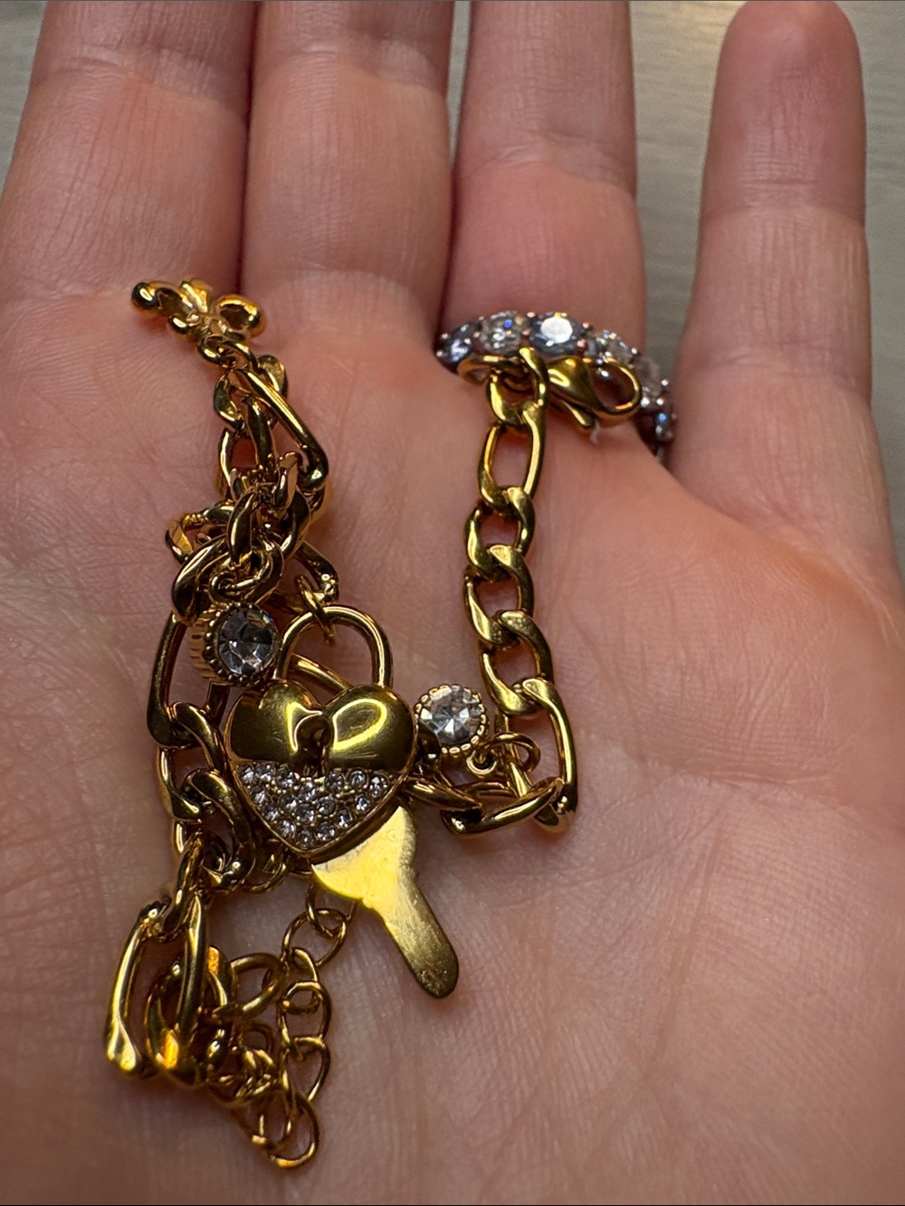 Gold Heart Lock Charm Ankle Bracelet (or bracelet) with Key & Fleur-de-Lis - Picture 9 of 10